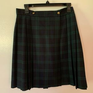 Green and navy plaid wrap skirt